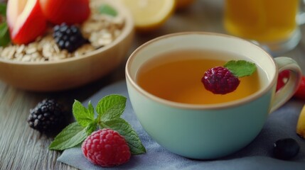 A Refreshing Cup of Herbal Tea with Berries and Oatmeal Breakfast