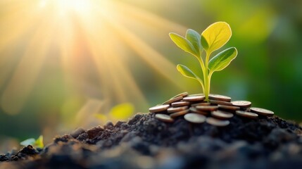 A young plant grows from a pile of coins, representing the connection between nature and financial investment. This image symbolizes hope and growth opportunities.