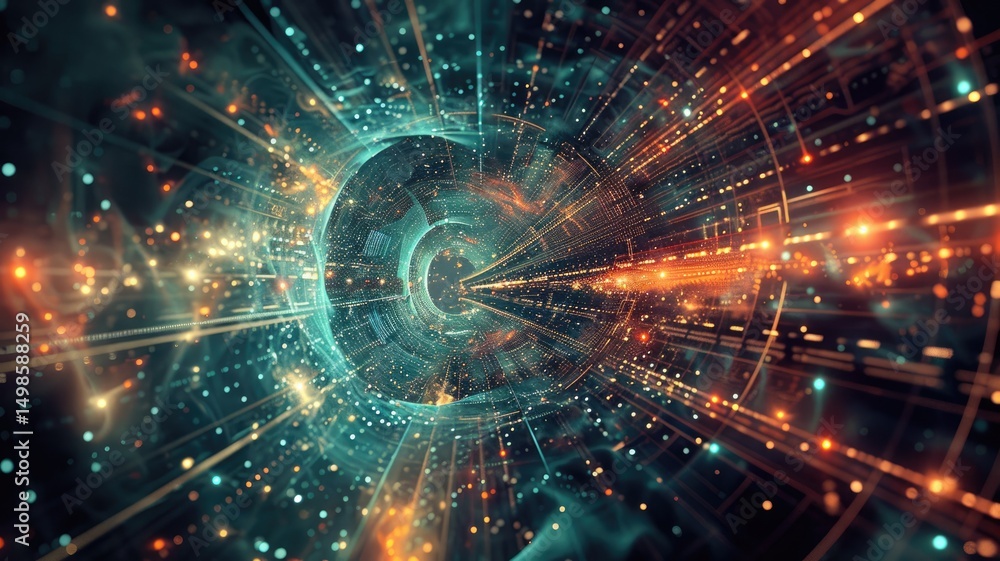 Poster a captivating abstract futuristic diagram showcasing vibrant light trails and digital patterns, crea