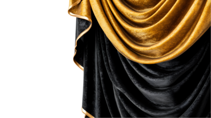 Draped gold and black velvet theater curtains. isolated on transparent background