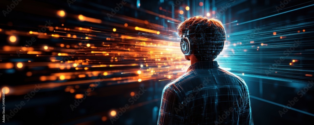 Poster a man faces a dazzling holographic display of light beams with headphones on, a perfect futuristic h
