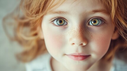 Naklejka premium A captivating close-up portrait of a young girl showcasing her enchanting green eyes and freckles, reflecting innocence and curiosity in natural light.