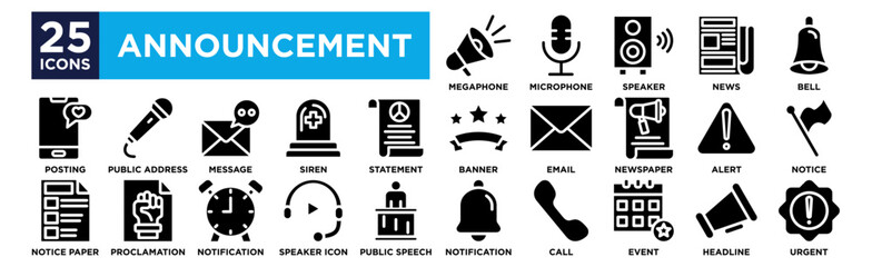 Announcement icon collection set. Containing Megaphone, Microphone, Speaker, News, Bell,
