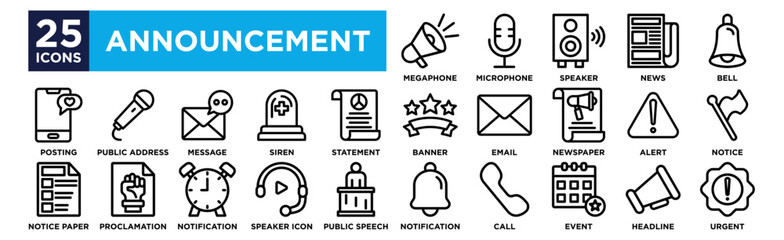 Announcement icon collection set. Containing Megaphone, Microphone, Speaker, News, Bell,