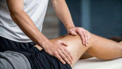 Physical therapy, recovery and muscle training concept. Massage therapy session focusing on a client's knee and leg.