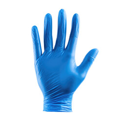 Title: Hand Wearing Blue Medical Glove with Open Palm Facing Forward

