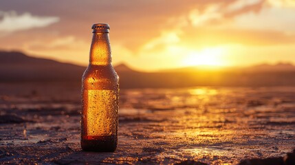A bottle of beer with condensation against a dramatic desert landscape at sunset