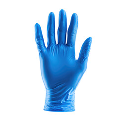 Obraz premium Title: Hand Wearing Blue Medical Glove with Open Palm Facing Forward