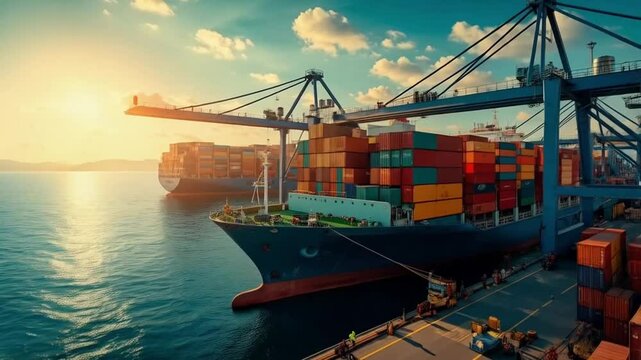 Stacks of massive containers tower high, their colorful surfaces weathered by years of trade and travel.
