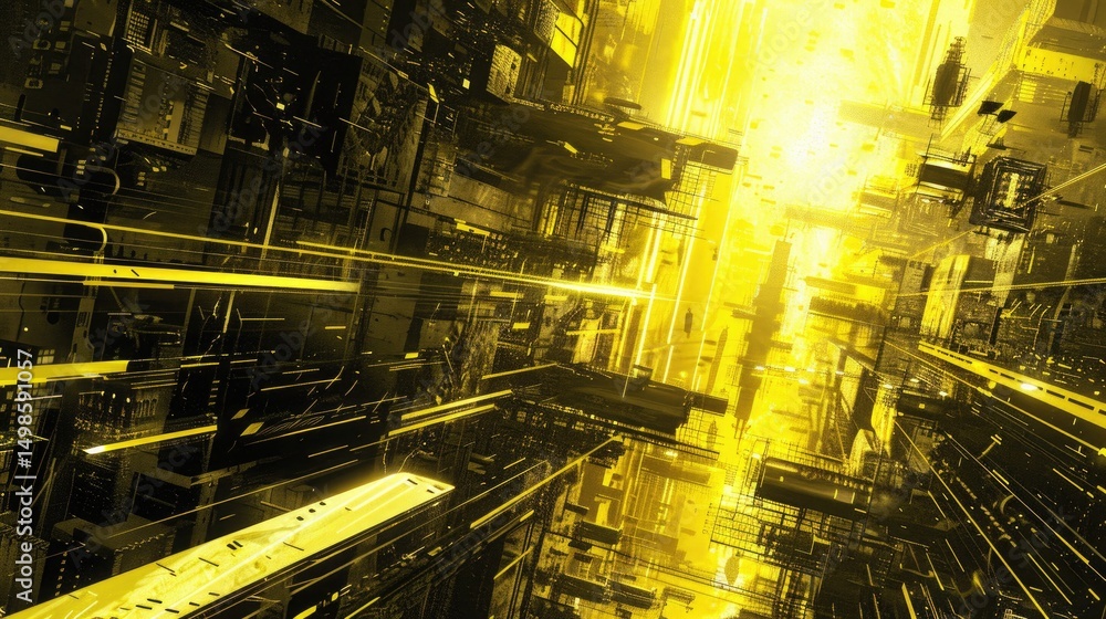 Poster a vivid yellow abstract visualization featuring cyberpunk elements, showcasing dynamic lines and str