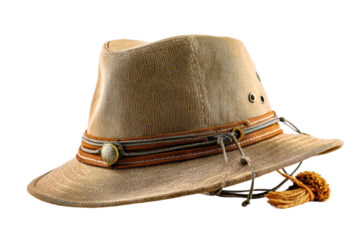 Vintage brown fedora hat with leather band and tassel detail, cut out