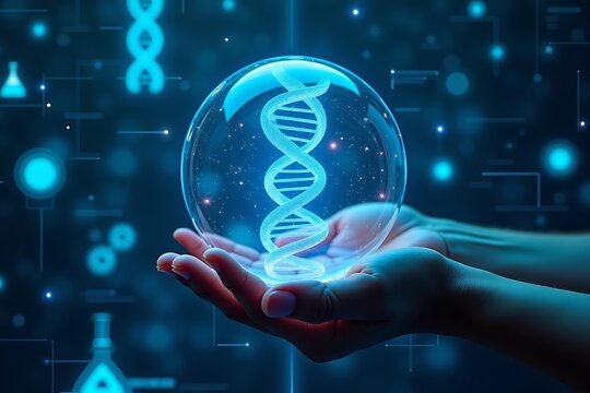 Dna research and technology concept with hands holding dna molecule in a futuristic digital lab setting  - Powered by Adobe