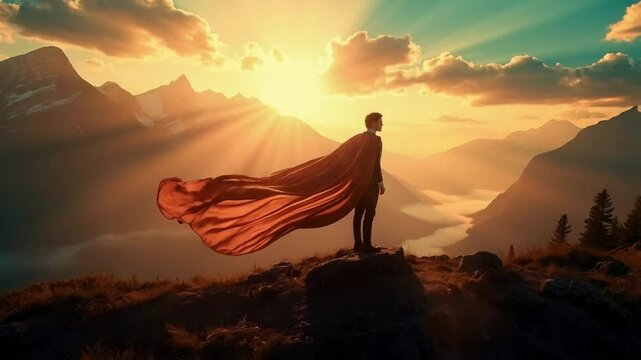 The fearless superhero stands tall on the cliff, cape billowing as sunset paints the sky ablaze.

