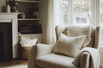soft neutral color living space, chair and sofa placed with aesthetic balance