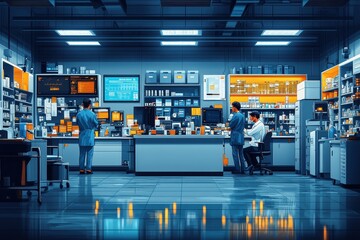 Scientists working in modern lab, analyzing data, research