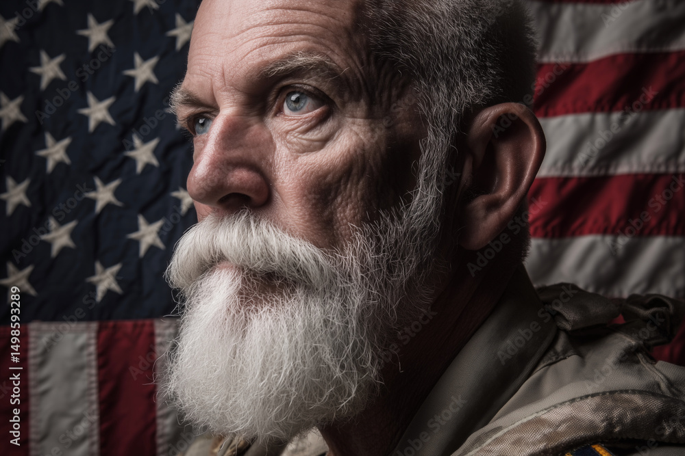 Poster man with a beard and mustache is looking at the camera. he is wearing a camouflage jacket and has a 