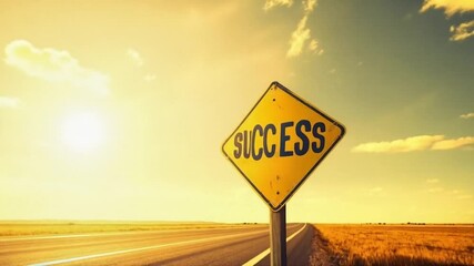 A glowing yellow success sign stands tall, guiding dreamers toward achievement, ambition, and endless possibilities ahead.
