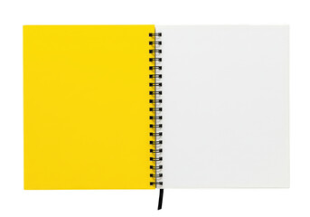 Open spiral notebook with yellow and white pages isolated on transparent background