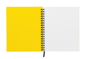Open spiral notebook with yellow and white pages isolated on transparent background