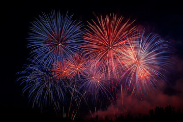 fireworks display with a blue, red, and white color scheme. The fireworks are lit up in the night sky, creating a festive and celebratory atmosphere