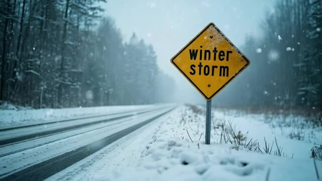 A weathered winter storm sign warns travelers of icy roads, fierce winds, and dangerous snowfall ahead.