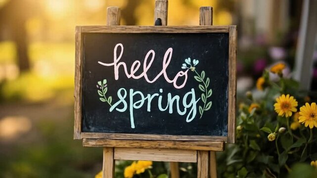 The blackboard proudly displays the cheerful message &lsquo;Hello Spring&rsquo; in colorful, welcoming letters today."