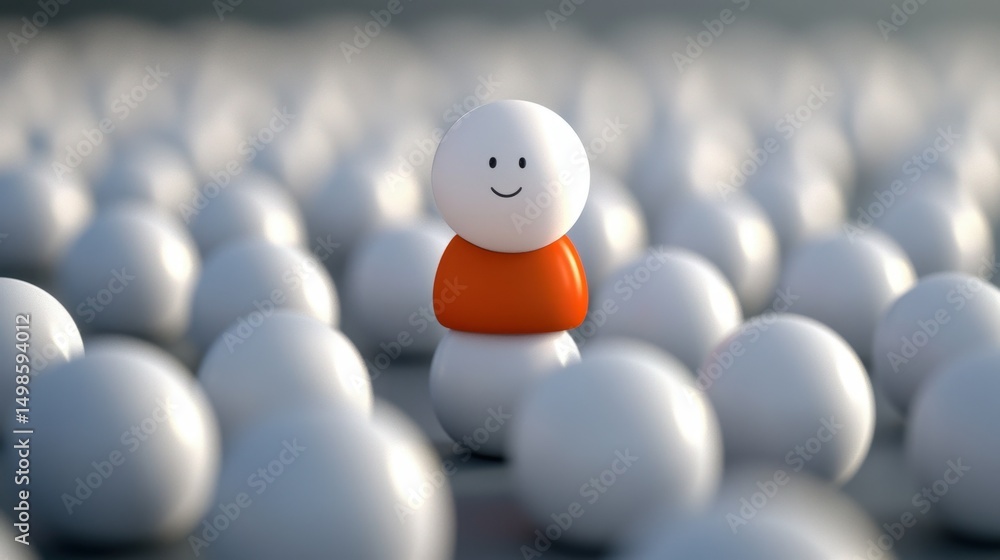 Poster a cheerful character stands out against numerous uniform shapes, symbolizing individuality and uniqu