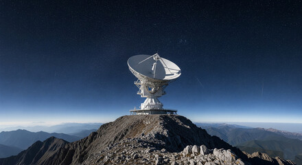 A satellite dish on a remote mountain peak, pointing toward the sky under a starry night
