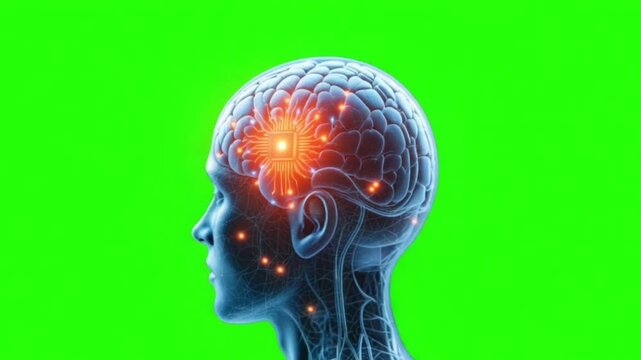 human brain with chip inside on green screen