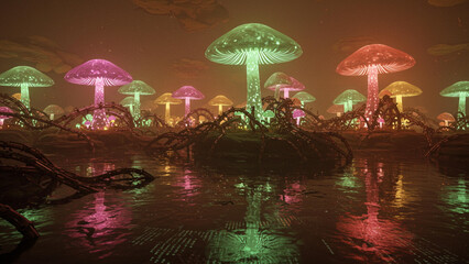 Exploring a Luminous Forest Where Giant Glowing Mushrooms Illuminate the Swampy Ground with an Otherworldly Aura
