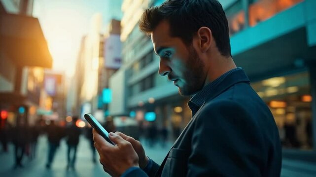 A man is using his phone while standing on the side of the street.
