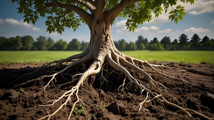 An artistic rendering of a growing tree with roots extending into the ground, representing business foundations and sustainability 