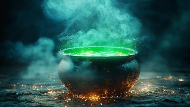 Mystical cauldron bubbling with green potion amidst smoky atmosphere