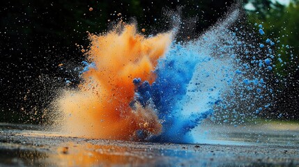 A bright splash of orange and blue powder mid-air, frozen in time.