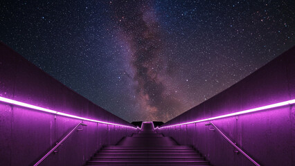 A Futuristic Stairway Illuminated by Neon Purple Lights Leading into the Heart of the Milky Way Galaxy