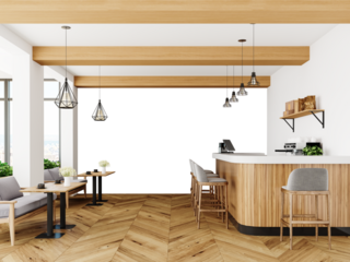 Free PNG wallpaper mockup in Coffee Shop Interior Design, Stylish Cafe Interior with Wooden Bar and Seating Area, 3D rendering