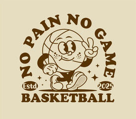 Retro basketball cartoon character in vintage lineart style. Fun and energetic mascot illustration, perfect for t shirt prints, stickers, posters, and merchandise