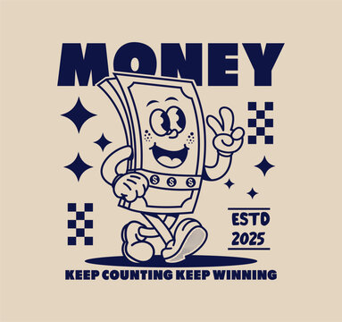 Funny retro dollar bill cartoon character in vintage style. Vector illustration, perfect for t shirt prints, stickers, posters, and merchandise