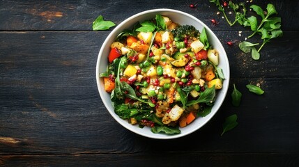 Fresh Colorful Vegetable Salad with Greens and Nuts on Wooden Table
