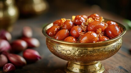Traditional Indian Sweets in Elegant Bowl on Rustic Wooden Table