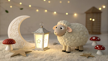 Adorable Cartoon Lamb Scene with Moon Crescent Lantern and Fairy Lights Perfect for Eid or Children's Decor
