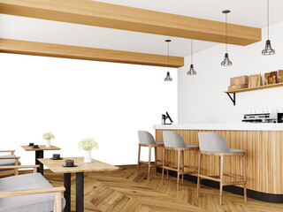 Free PNG wallpaper mockup in Coffee Shop Interior Design,Stylish and inviting cafe interior with wooden accents., 3D rendering