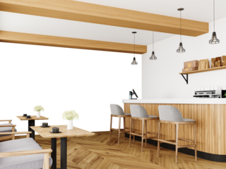 Free PNG wallpaper mockup in Coffee Shop Interior Design,Stylish and inviting cafe interior with wooden accents., 3D rendering