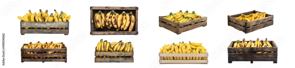 Poster set of wooden crates filled with bunches of ripe bananas. isolated on transparent background