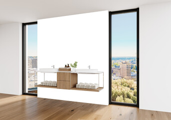 Free PNG wallpaper mockup in Interior BathRoom, Modern Bathroom Interior with City View, 3D rendering