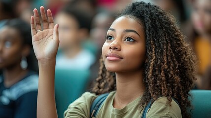 A Black female student raising her hand in class