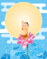 A small and cute buddha emerged from a lotus flower. Vector, with monotone color background.