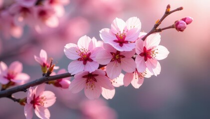 Obraz premium Delicate pink cherry blossoms, intricate branch details, springtime, pastel