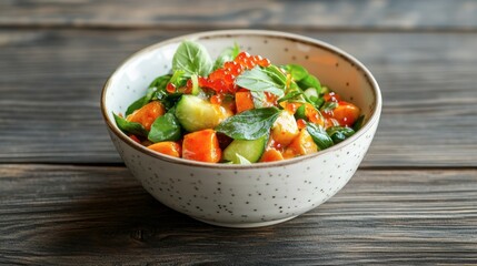 Fresh Colorful Salad with Vegetables and Garnish in White Bowl
