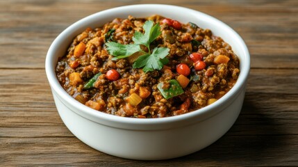 Savory Meat and Vegetable Dish in White Bowl on Wooden Table